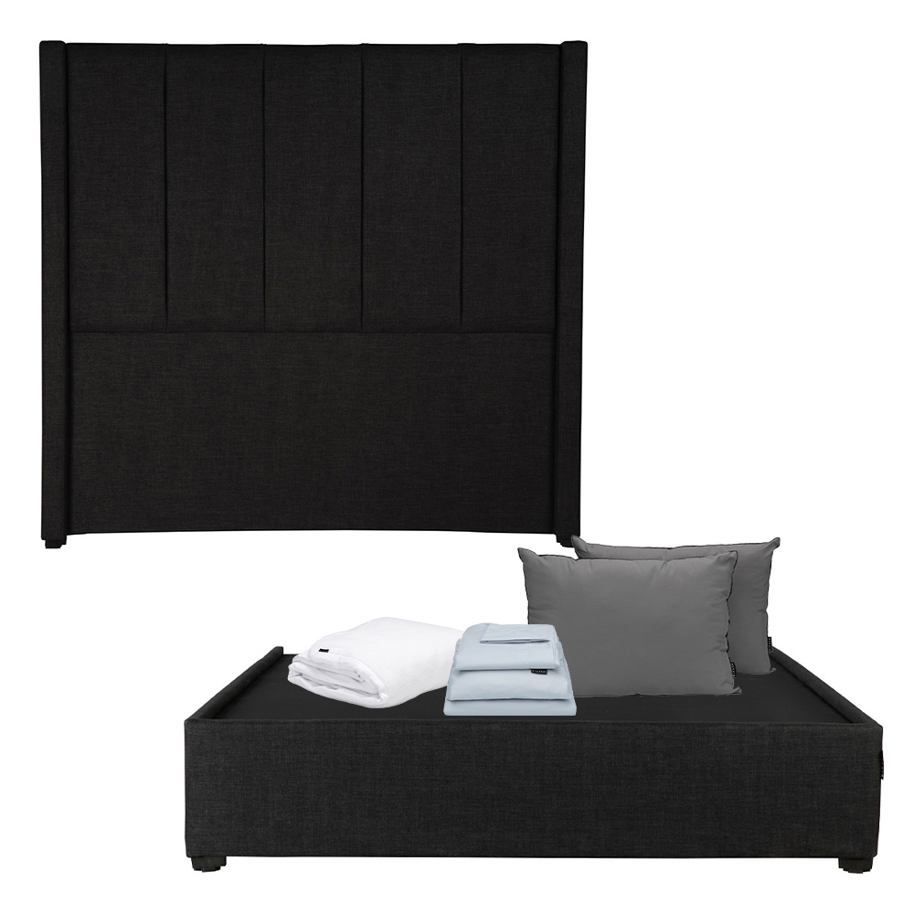 Cabecera Dicasa Nizza Negro Queen Size + Base Cama + Almohada 2pack + Protector Cloud+ Sabanas Softy