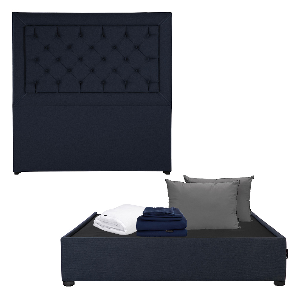 Cabecera Dicasa Mary  Azul Queen Size + Base Cama + Almohada 2pack + Protector Cloud+ Sabanas Softy