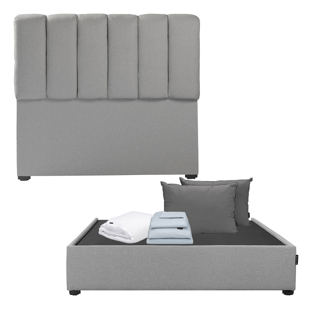 Cabecera Dicasa Kami Gris Queen Size + Base Cama + Almohada 2pack + Protector Cloud+ Sabanas Softy