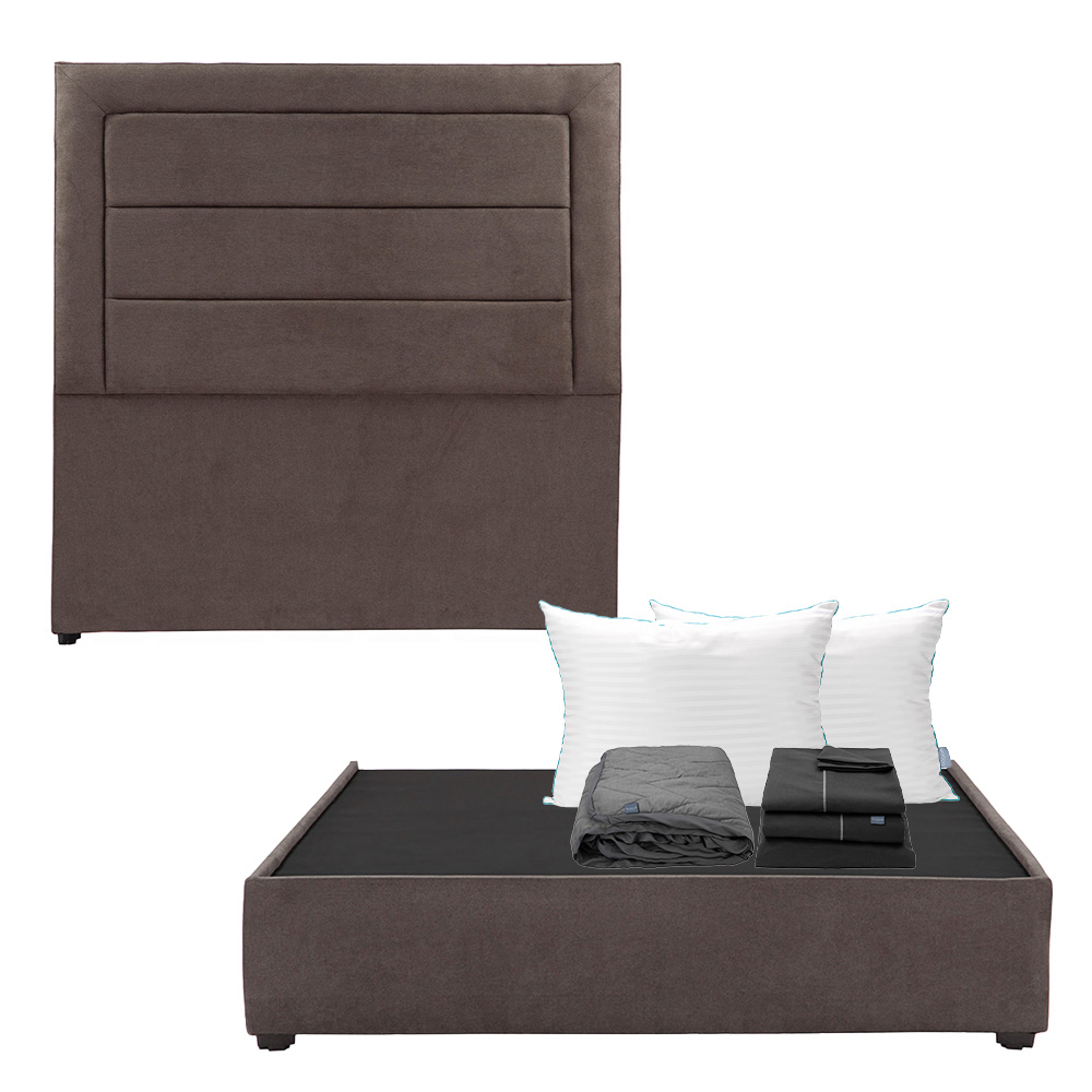 Cabecera Blend Chocolate Individual + Base Cama + Almohada Royal Twin + Protector Lux + Sabanas Royal