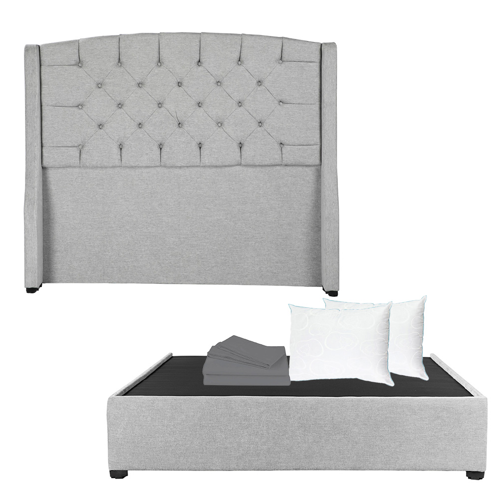 Cabecera Sitka Plata Matrimonial + Base Cama + Almohada Oso 2 + Sabanas Basic