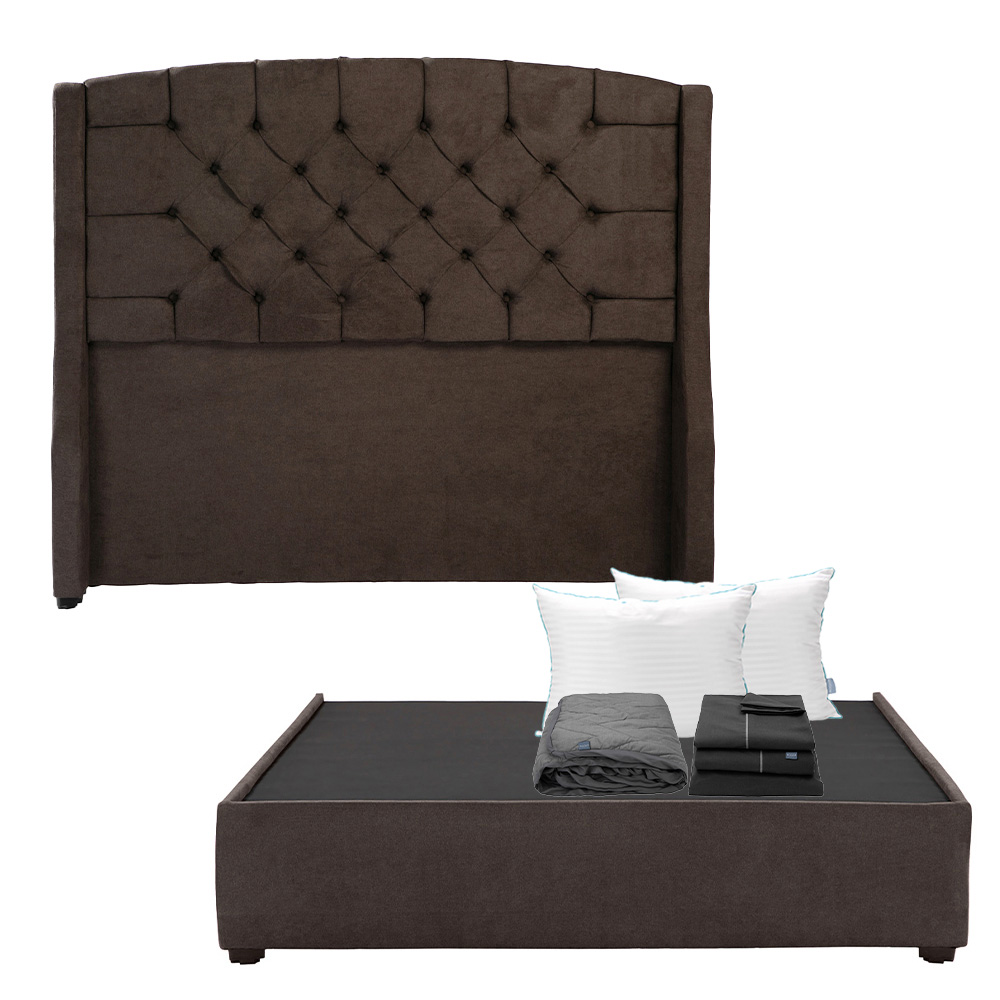 Cabecera Sitka Chocolate Queen Size + Base Cama + Almohada Royal Twin + Protector Lux + Sabanas Royal