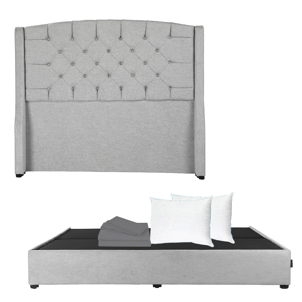 Cabecera Sitka Plata King Size + Base Cama + Almohada Oso 2 + Sabanas Basic