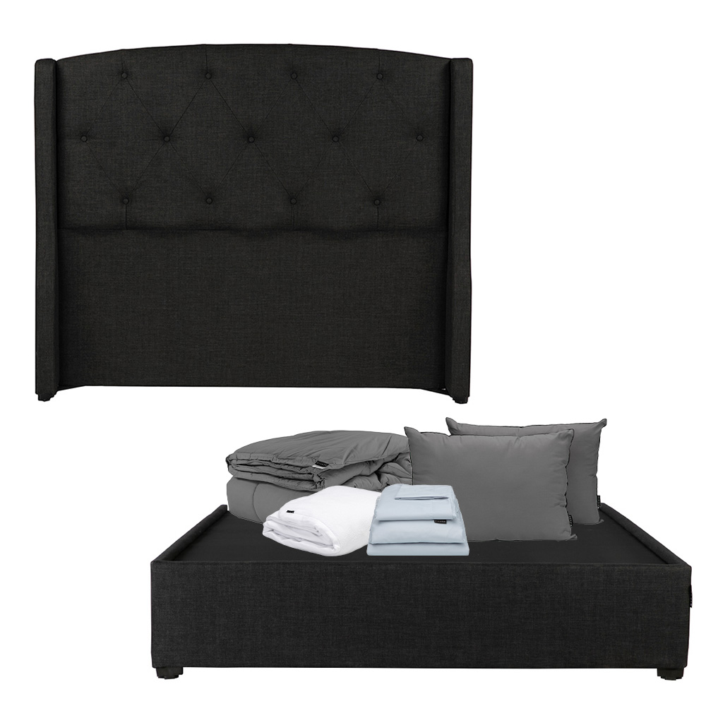 Foto 2 pulgar | Cabecera Dicasa Zefyr Negro Queen Size + Base Cama + Almohada 2pack + Protector Cloud + Sabanas Softy + Edredon Homy