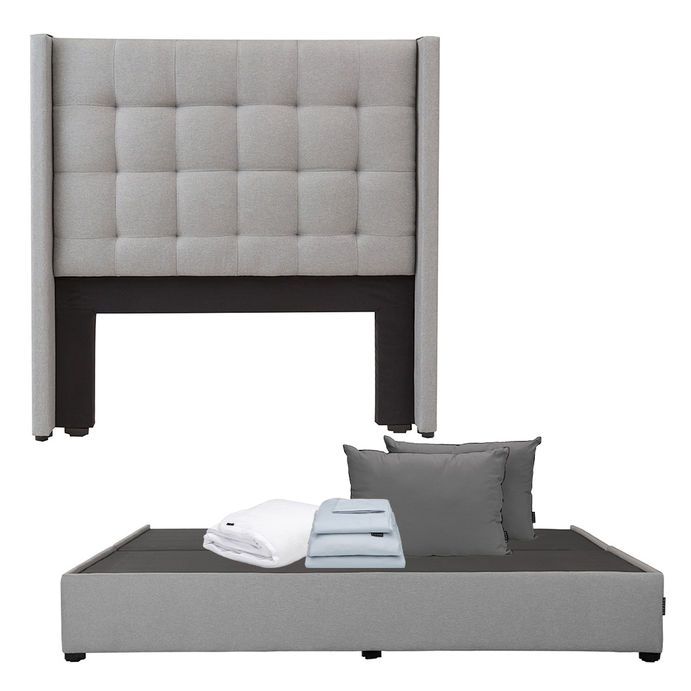 Cabecera Dicasa Titan Gris King Size + Base Cama + Almohada 2pack + Protector Cloud + Sabanas Softy