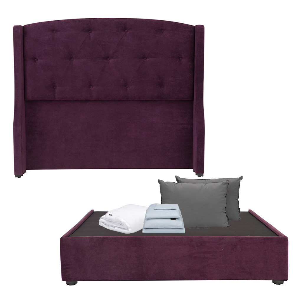 Foto 2 pulgar | Cabecera Dicasa Zefyr Morado Matrimonial + Base Cama + Almohada 2pack + Protector Cloud + Sabanas Softy