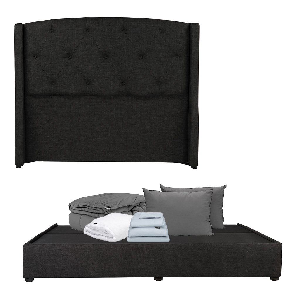 Cabecera Dicasa Zefyr Negro King Size + Base Cama + Almohada 2pack + Protector Cloud + Sabanas Softy + Edredon Homy