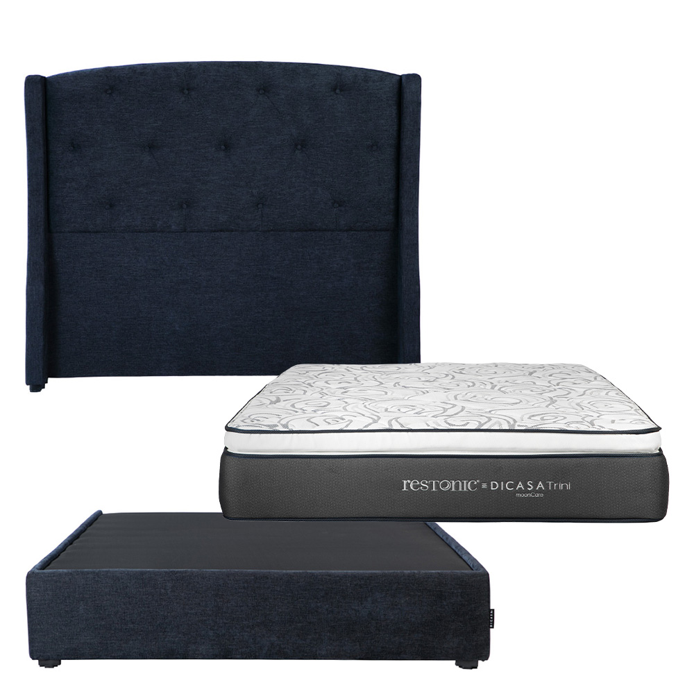 Cabecera Dicasa Zefyr Azul Queen Size + Base Cama + Colchon Restonic Trini