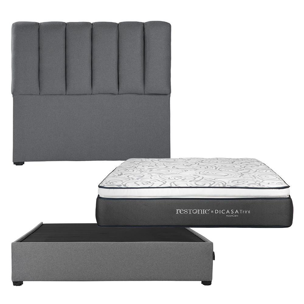 Cabecera Dicasa Kami Gris Queen Size + Base Cama + Colchon Restonic Trini