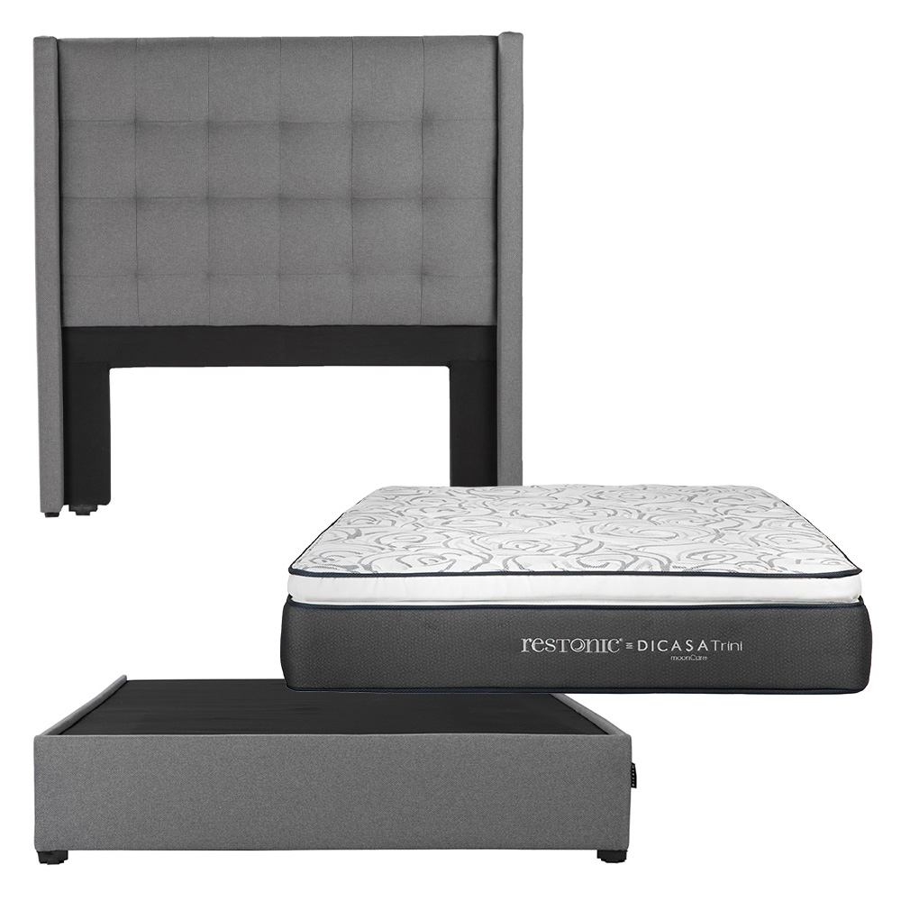 Cabecera Dicasa Titan Gris Matrimonial + Base Cama + Colchon Restonic Trini