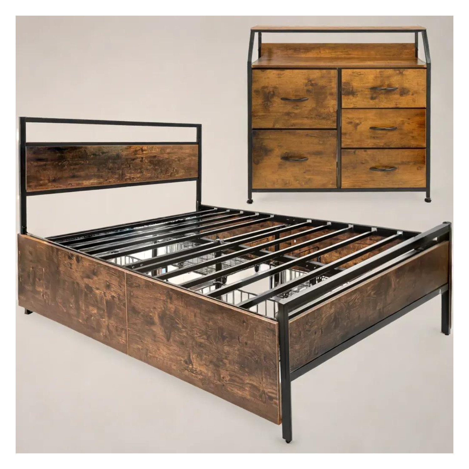 Base Cama Matrimonial Cajones + Cómoda Country Moderno Houzer Rack & Pack