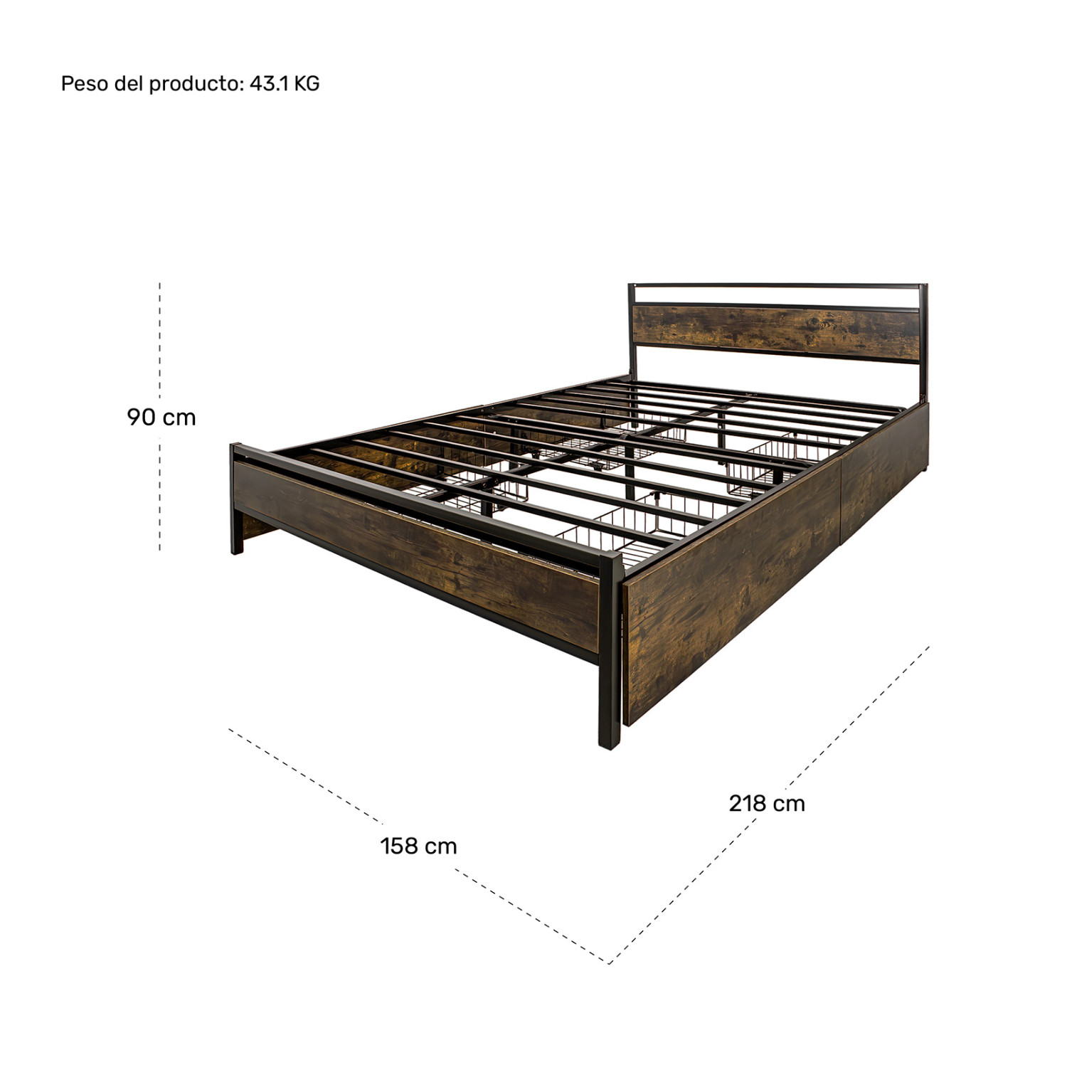 Foto 9 pulgar | Base Cama Queen Recámara + Cómoda 5 Cajones Country Moderno Houzer Rack & Pack