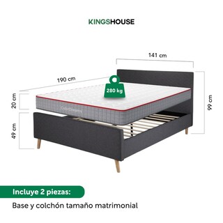 Foto 4 | Base Cama Con Bordes Altos + Colchón Resortes Matrimonial