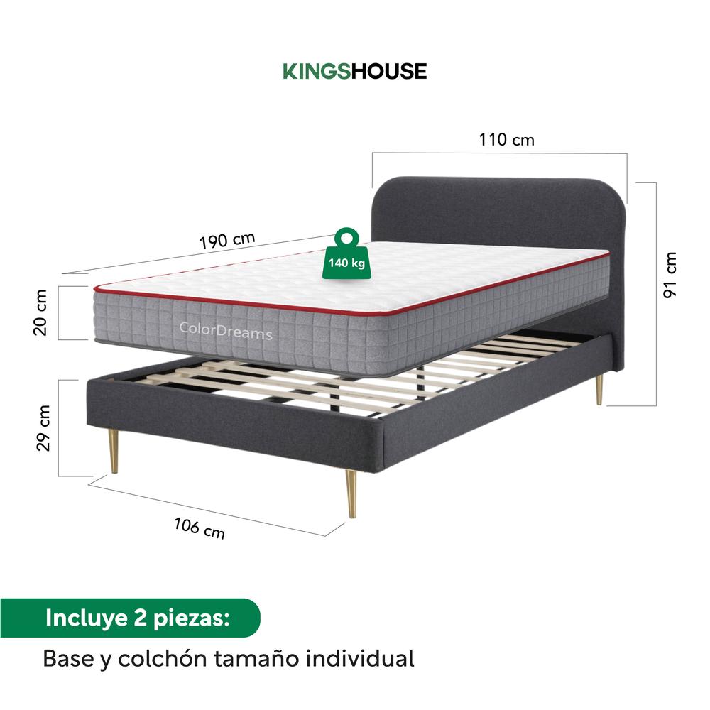 Foto 5 pulgar | Base Cama Metal Madera + Colchón Con Resortes Individual