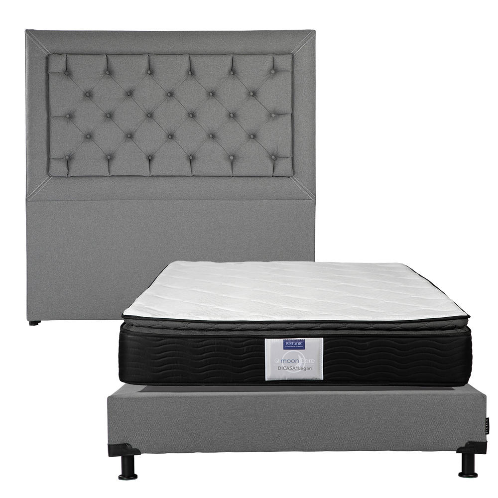 Cabecera Dicasa Mary Color Gris Queen Size + Box Dicasa Color Gris + Colchón Restonic Legan