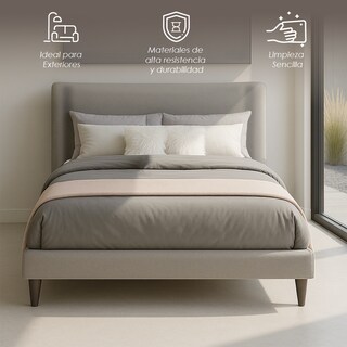 Foto 3 | Ilios Innova | Cama Matrimonial Gris Con Cabecera Tapizada En Lino Y Poliéster | Estructura De Madera Resistente