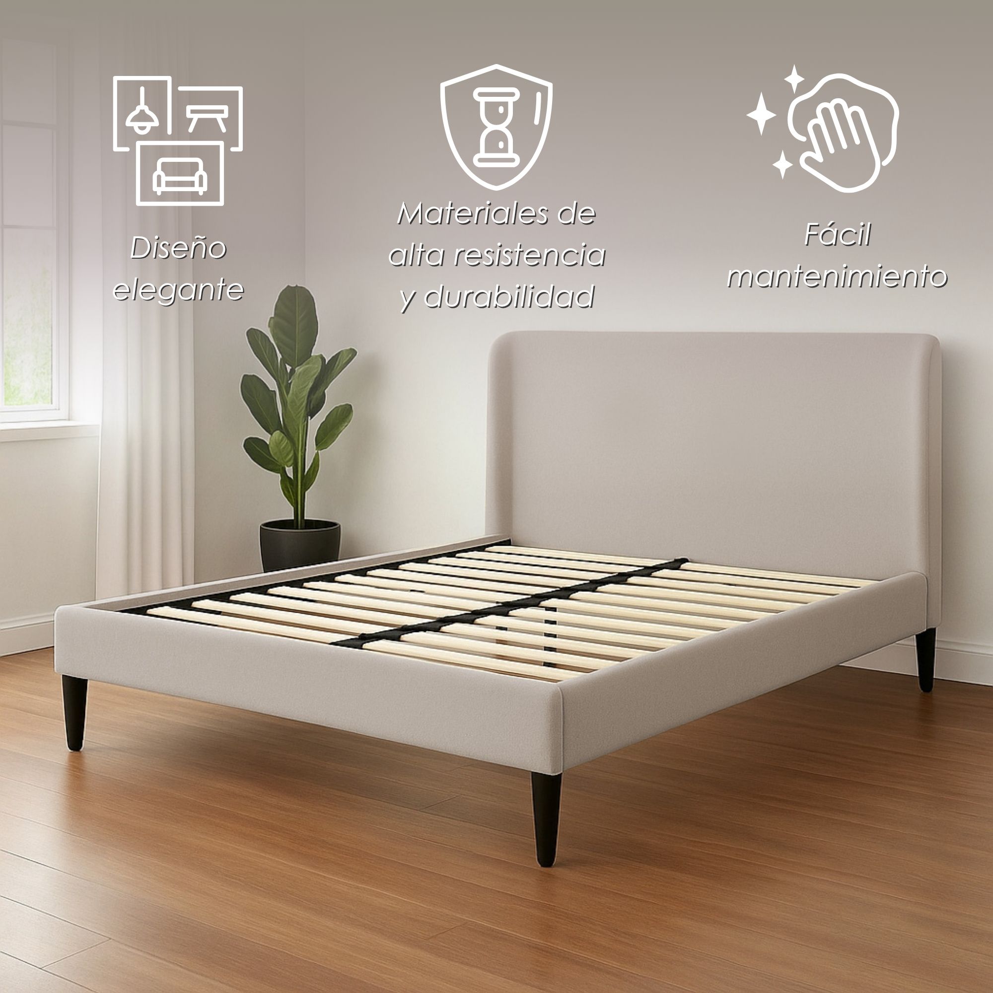 Foto 4 pulgar | Ilios Innova | Cama King Size Beige Con Cabecera Tapizada En Lino y Poliéster | Estructura De Madera Resistente