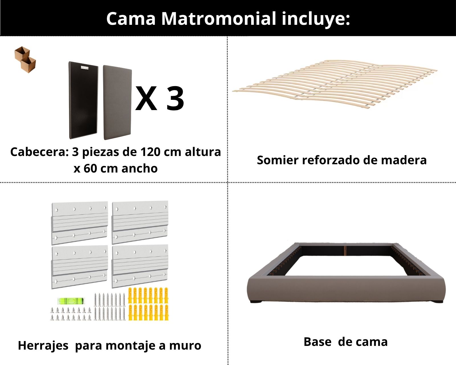 Foto 7 pulgar | Cama Matrimonial  + Cabecera + Somier Modern Luxury De Terciopelo Negro Con Canales De 60 Cm