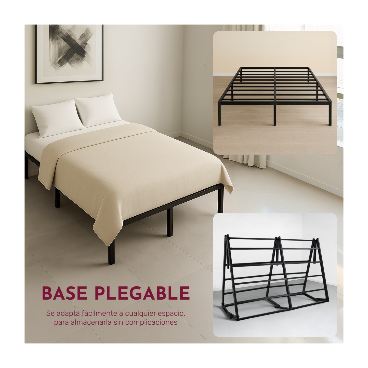 Foto 3 pulgar | Base Cama Matrimonial Box Plegable Metal Acero Soporta 250kg Houzer