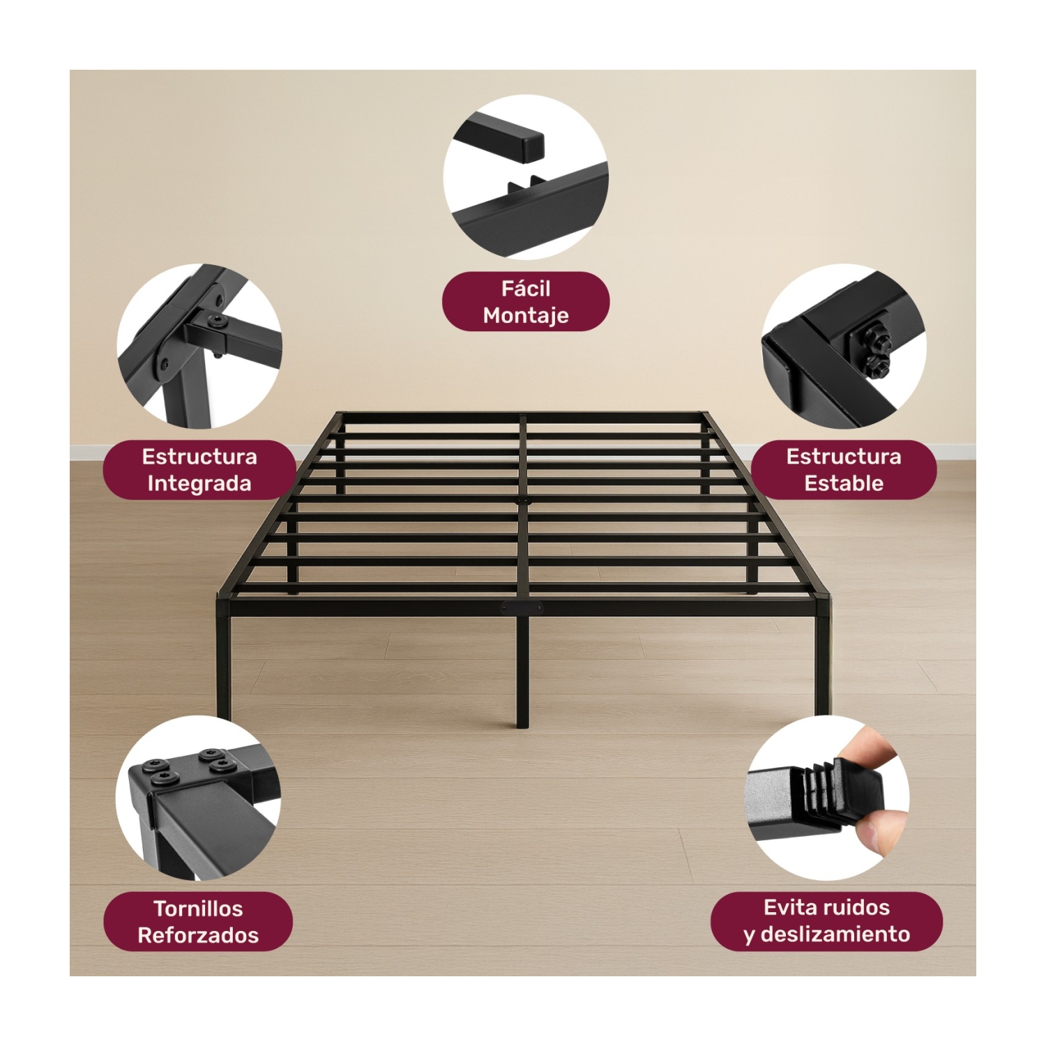 Foto 6 pulgar | Base Cama Matrimonial Box Plegable Metal Acero Soporta 250kg Houzer