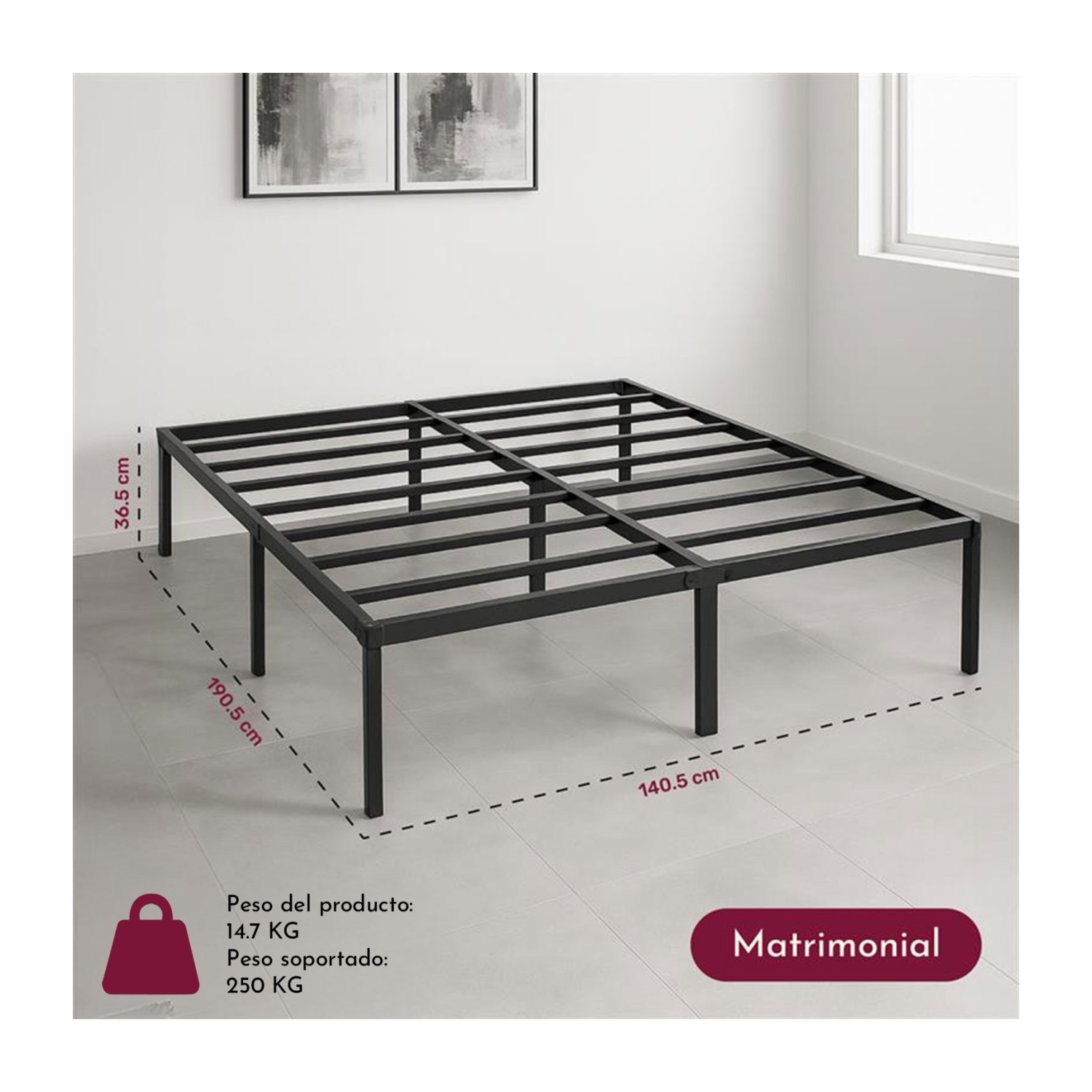 Foto 7 pulgar | Base Cama Matrimonial Box Plegable Metal Acero Soporta 250kg Houzer