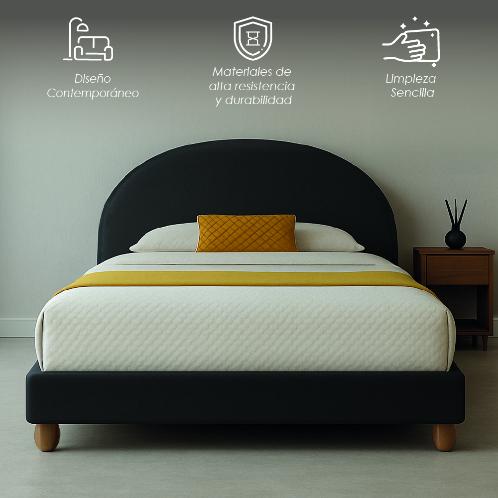 Foto 4 pulgar | Ilios Innova | Base De Cama Matrimonial Con Cabecera Tipo Arco Tapizada En Lino. Diseño Moderno Minimalista Negro.