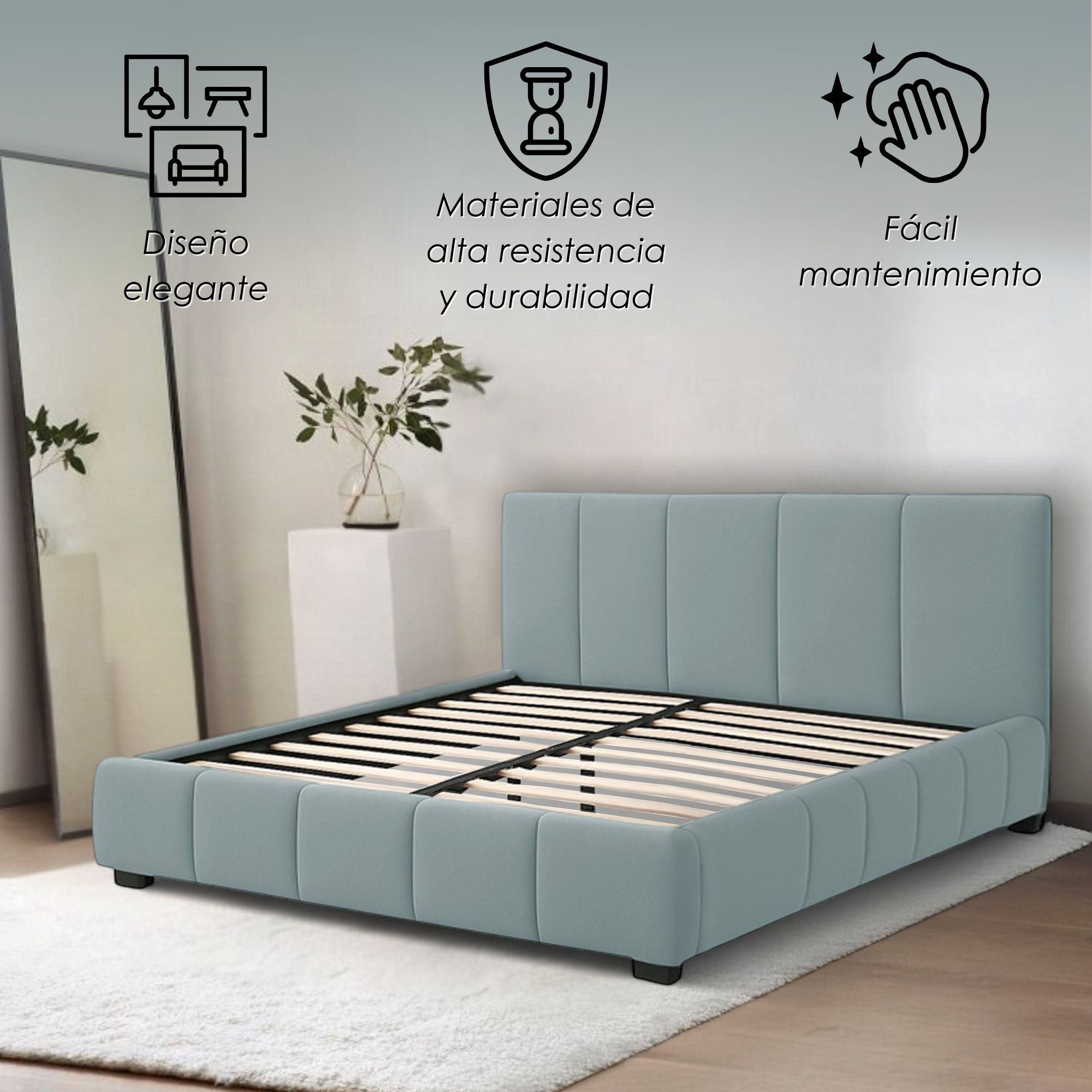 Foto 4 pulgar | Ilios Innova | Base De Cama Matrimonial Con Cabecera  Sistema Hidráulico  Tapizada En Lino Azul Y Estructura De Madera.