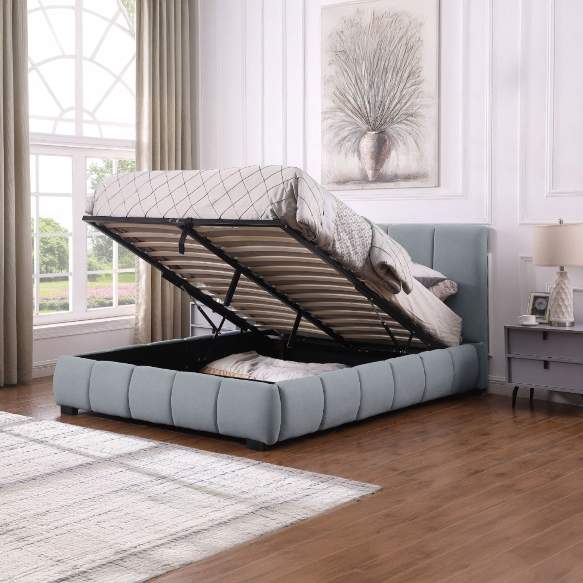 Foto 6 pulgar | Ilios Innova | Base De Cama Matrimonial Con Cabecera  Sistema Hidráulico  Tapizada En Lino Azul Y Estructura De Madera.