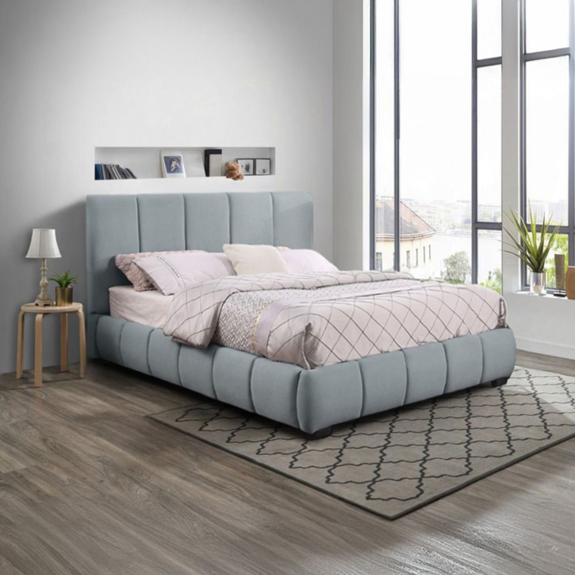Foto 5 pulgar | Ilios Innova | Base King Size Con Cabecera  Sistema Hidráulico Para Almacenamiento Y Tapizado En Lino Azul.