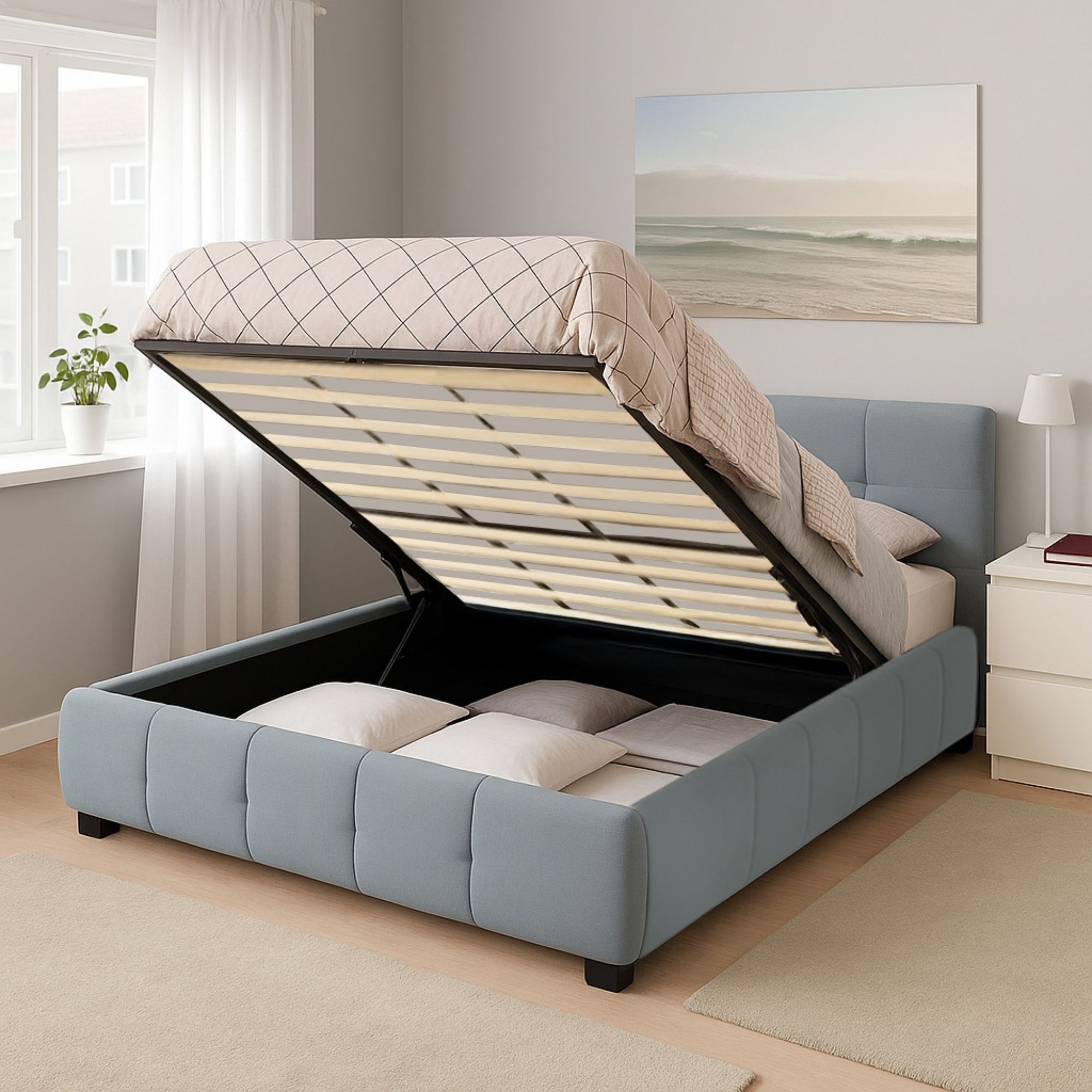 Foto 5 | Ilios Innova | Base King Size Con Cabecera  Sistema Hidráulico Para Almacenamiento Y Tapizado En Lino Azul.