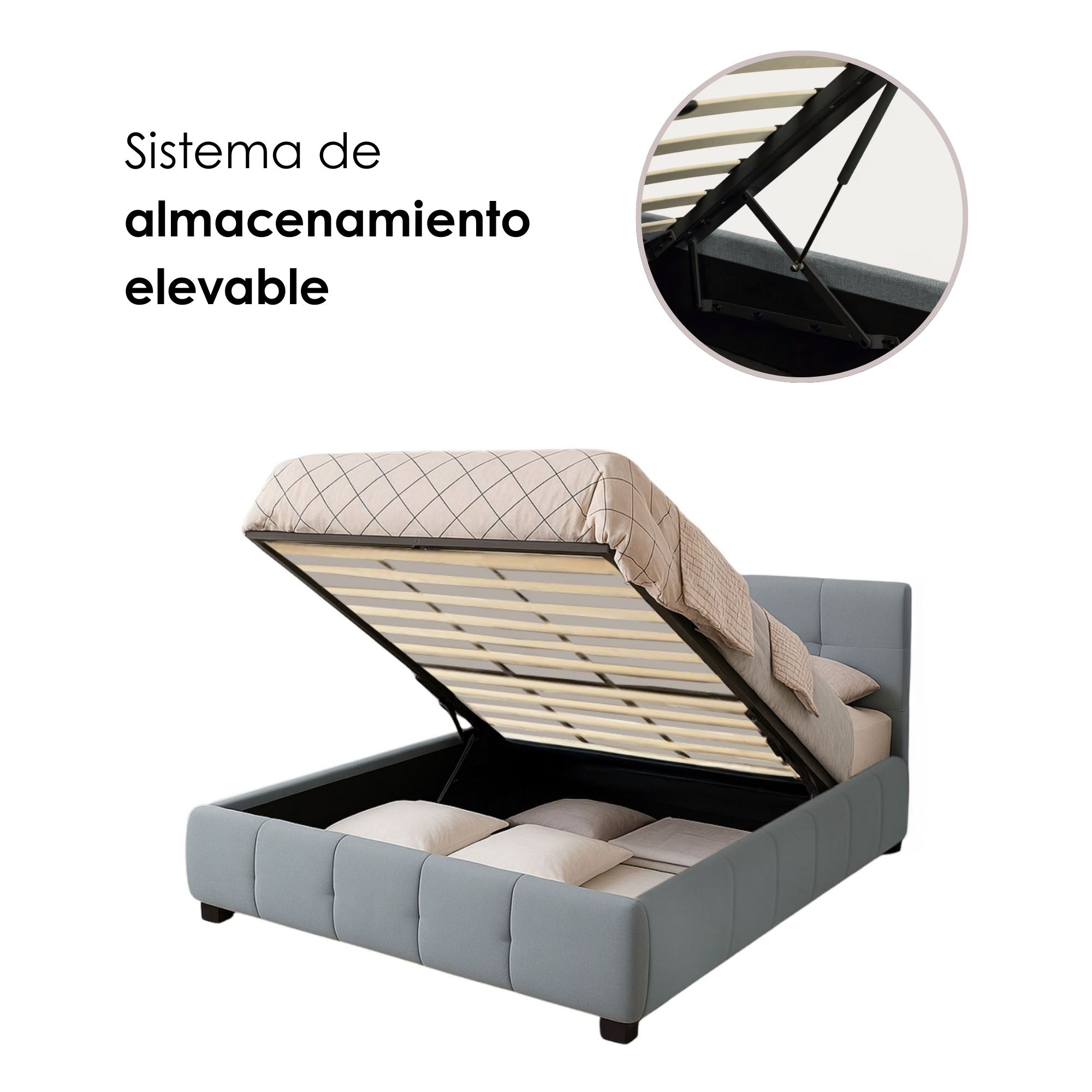 Foto 7 pulgar | Ilios Innova | Base King Size Con Cabecera  Sistema Hidráulico Para Almacenamiento Y Tapizado En Lino Azul.