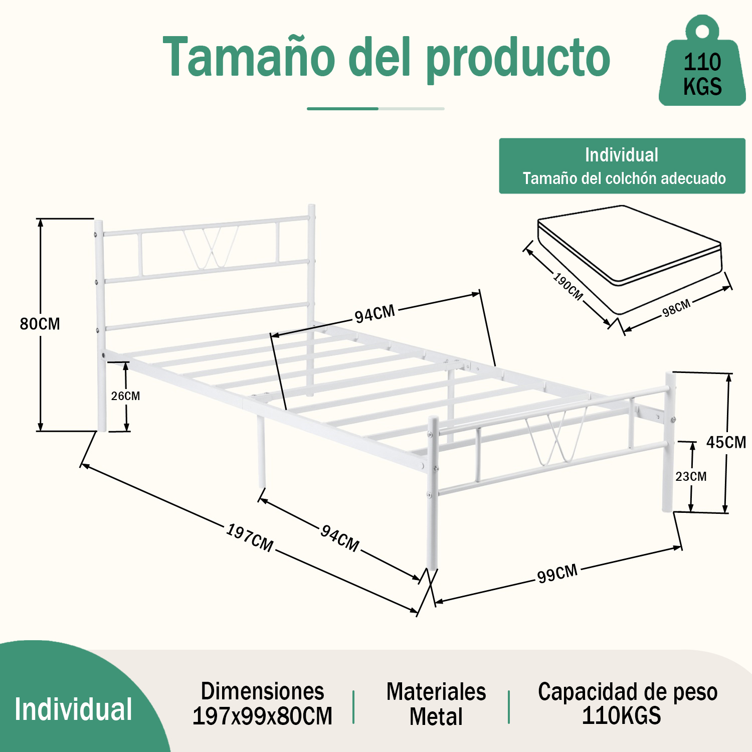 Foto 2 | Estructura De Cama Individual Blanca