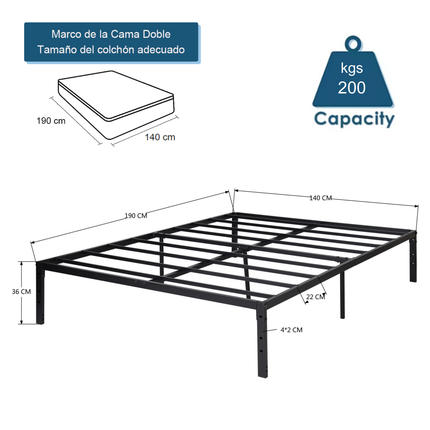 Foto 3 pulgar | Estructura De Cama Matrimonial Metálica Negra