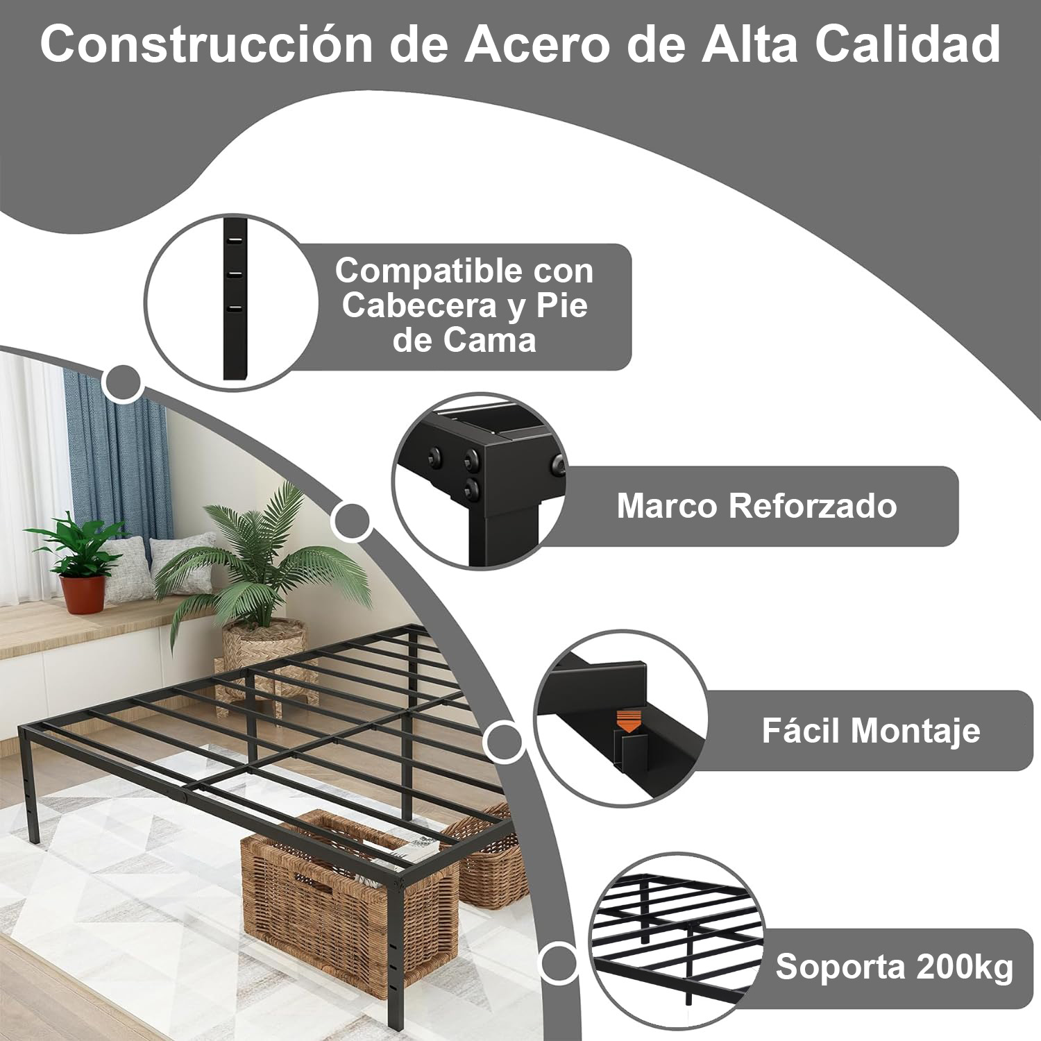 Foto 4 pulgar | Estructura De Cama Matrimonial Metálica Negra