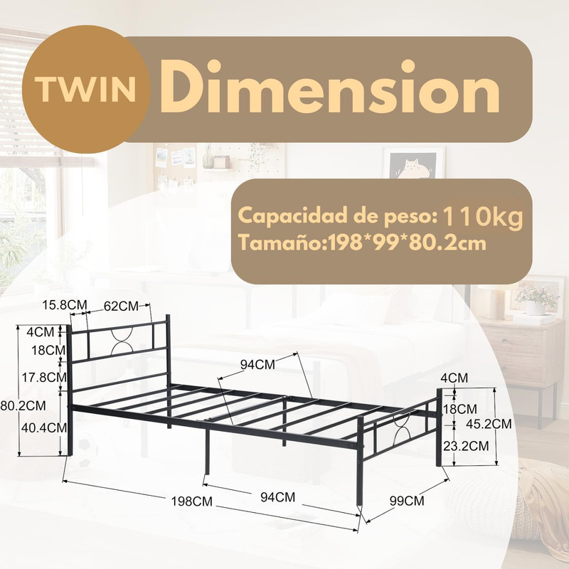 Foto 6 pulgar | Cama Individual Metal Cama Base Para Colchon Con Cabecero Y Estribo Estructura De Cama gomyhome