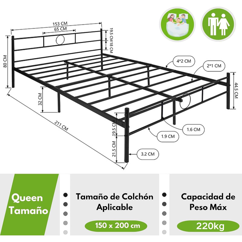 Foto 5 pulgar | Cama Queen Metal Base Estructura De Cama Negro 211cm Gomyhome