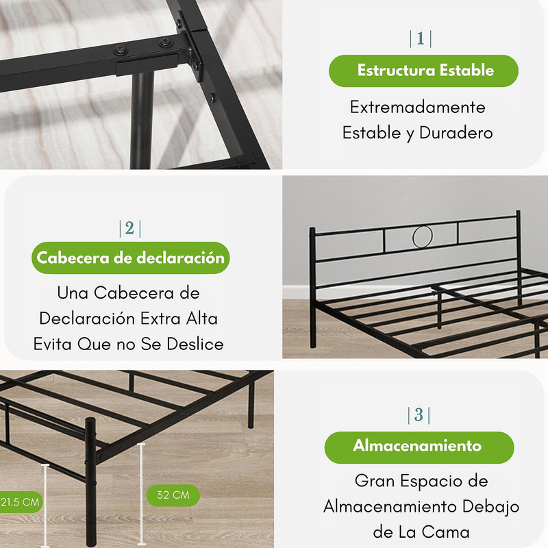 Foto 6 pulgar | Cama Queen Metal Base Estructura De Cama Negro 211cm Gomyhome