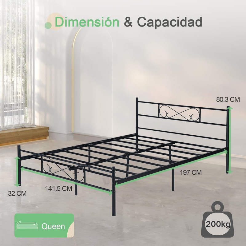 Foto 5 | Cama Matrimonial Metal Base Estructura De Cama Negro 198cm Gomyhome