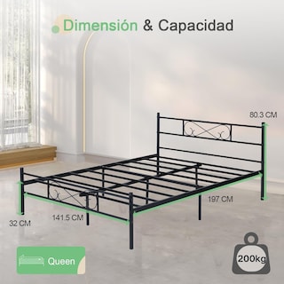Foto 5 | Cama Matrimonial Metal Base Estructura De Cama Negro 198cm Gomyhome