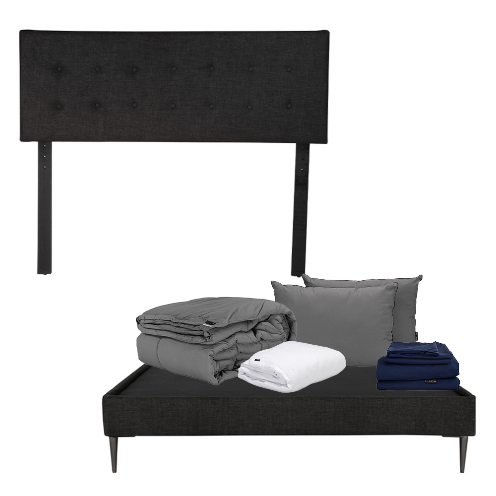 Cabecera Bilbao Dicasa Negro + Base Slim Queen Size + Almohada 2pack + Protector Cloud + Sábanas Softy + Edredón Homy