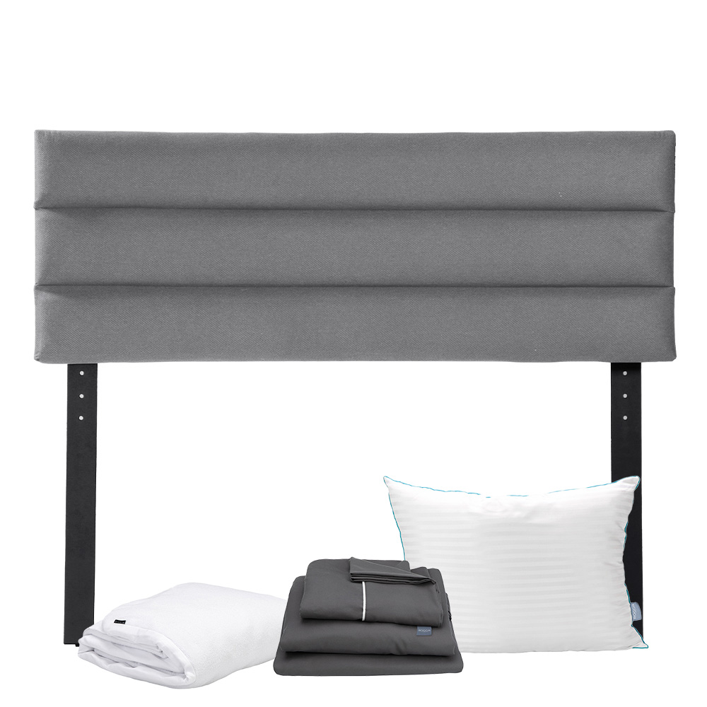 Cabecera Logan Gris Matrimonial + Almohada Royal + Protector Cloud + Sabanas Royal