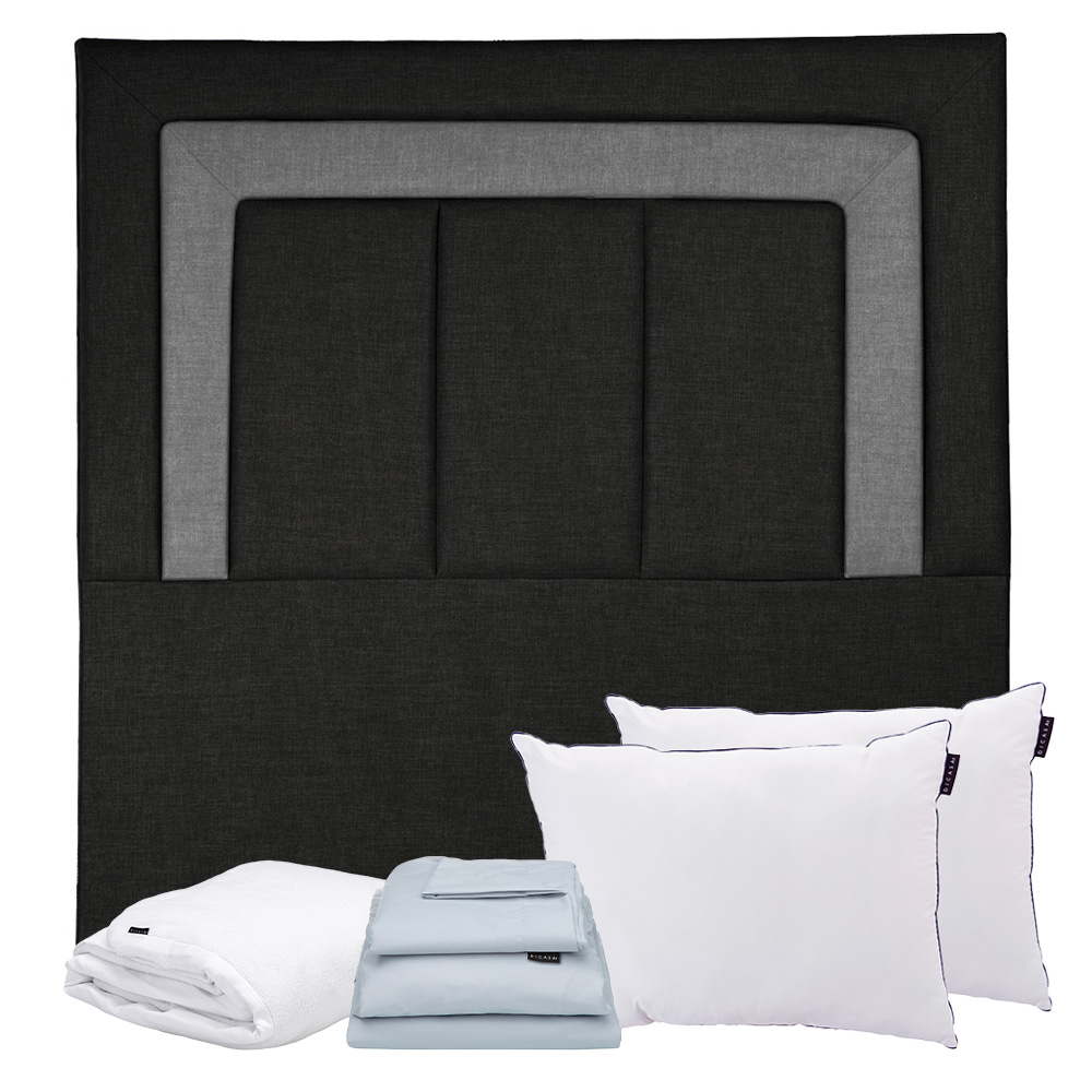 Cabecera Dicasa Bora Negro Con Gris Matrimonial + Almohada One 2 + Protector Cloud + Sabanas Softy