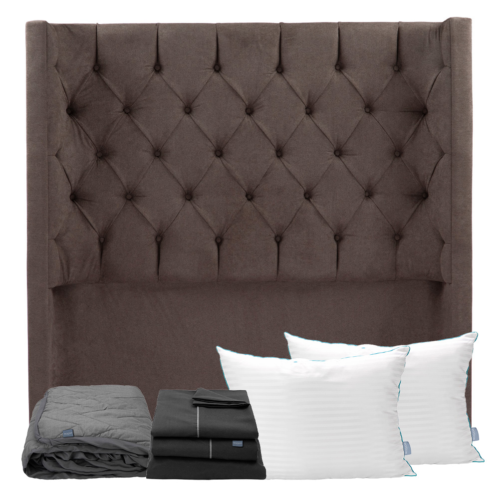 Cabecera Tartuk Chocolate Queen Size + Almohada Royal Twin + Protector Lux + Sabanas Royal