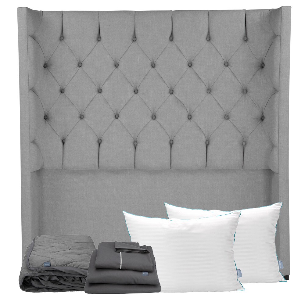 Cabecera Tartuk Gris Matrimonial + Almohada Royal Twin + Protector Lux + Sabanas Royal $6,099