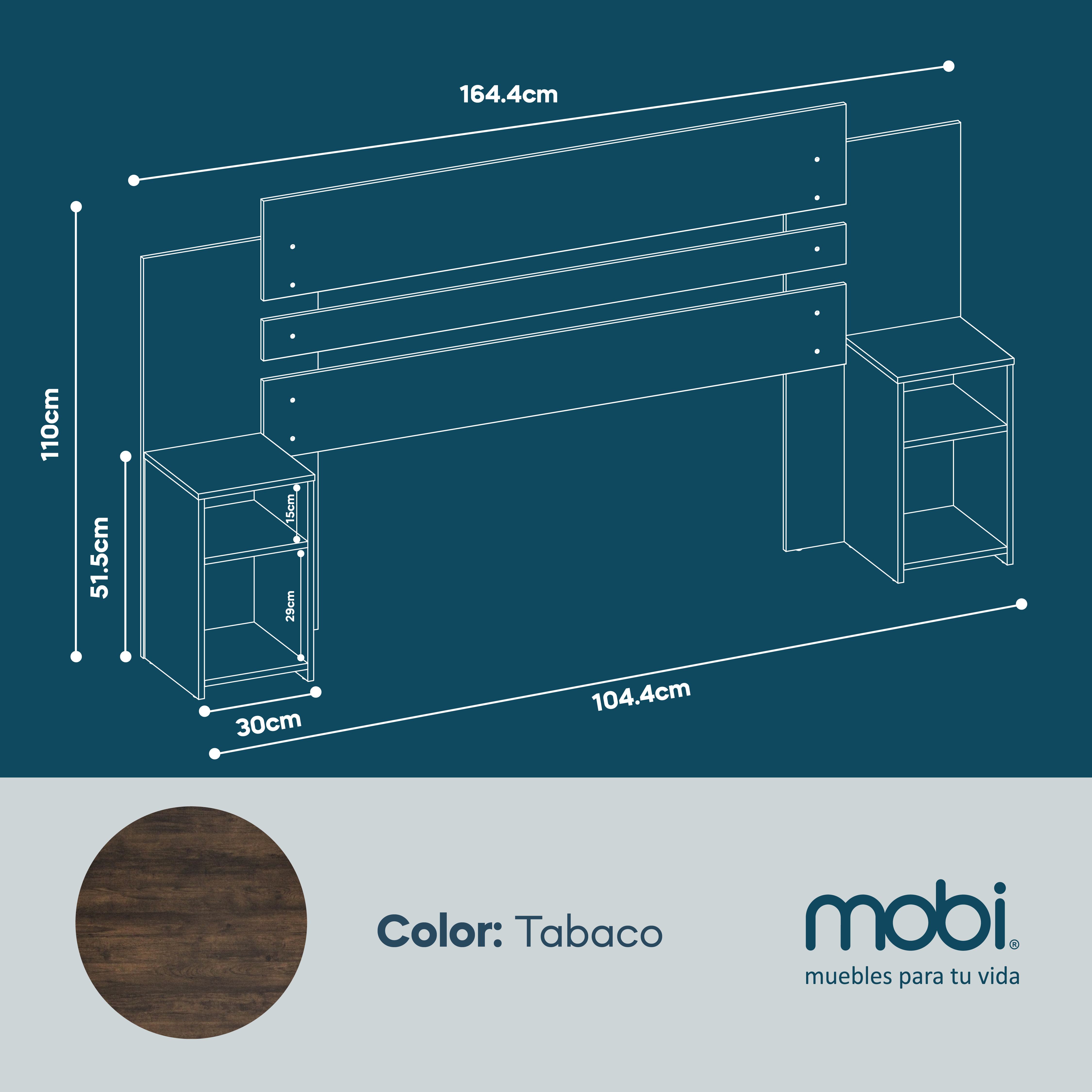 Foto 4 | Cabecera Mobi Verona Individual Tabaco Con 2 Buros Integrados