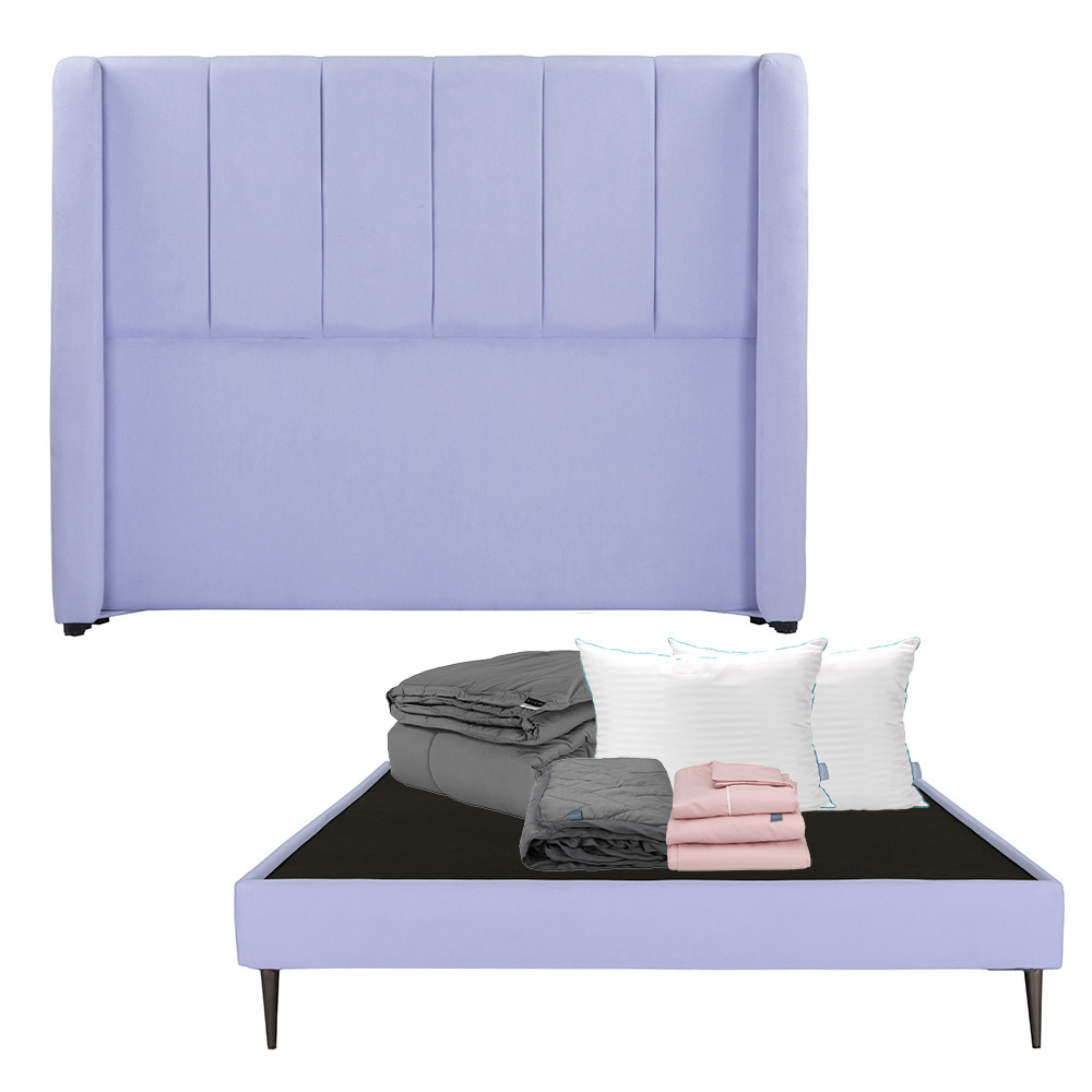 Cabecera Dicasa Foss Color Lila Queen Size+base Slim+almohada Royal Twin+protector Lux+sábanas Royal+edredón Homy