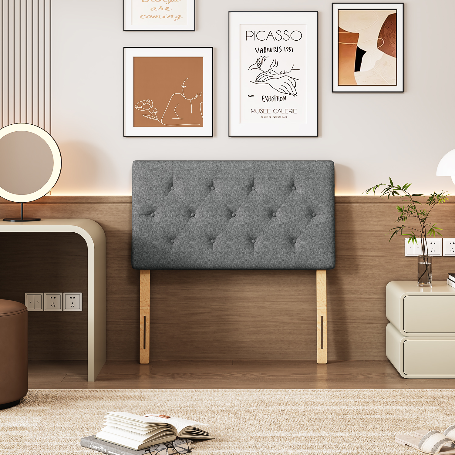 Foto 2 pulgar | Cabecera De Cama Individual Tapizada Con Altura Ajustable Patas De Madera Acolchada Yatahome Hydemu 105x7.5x55cm Gris