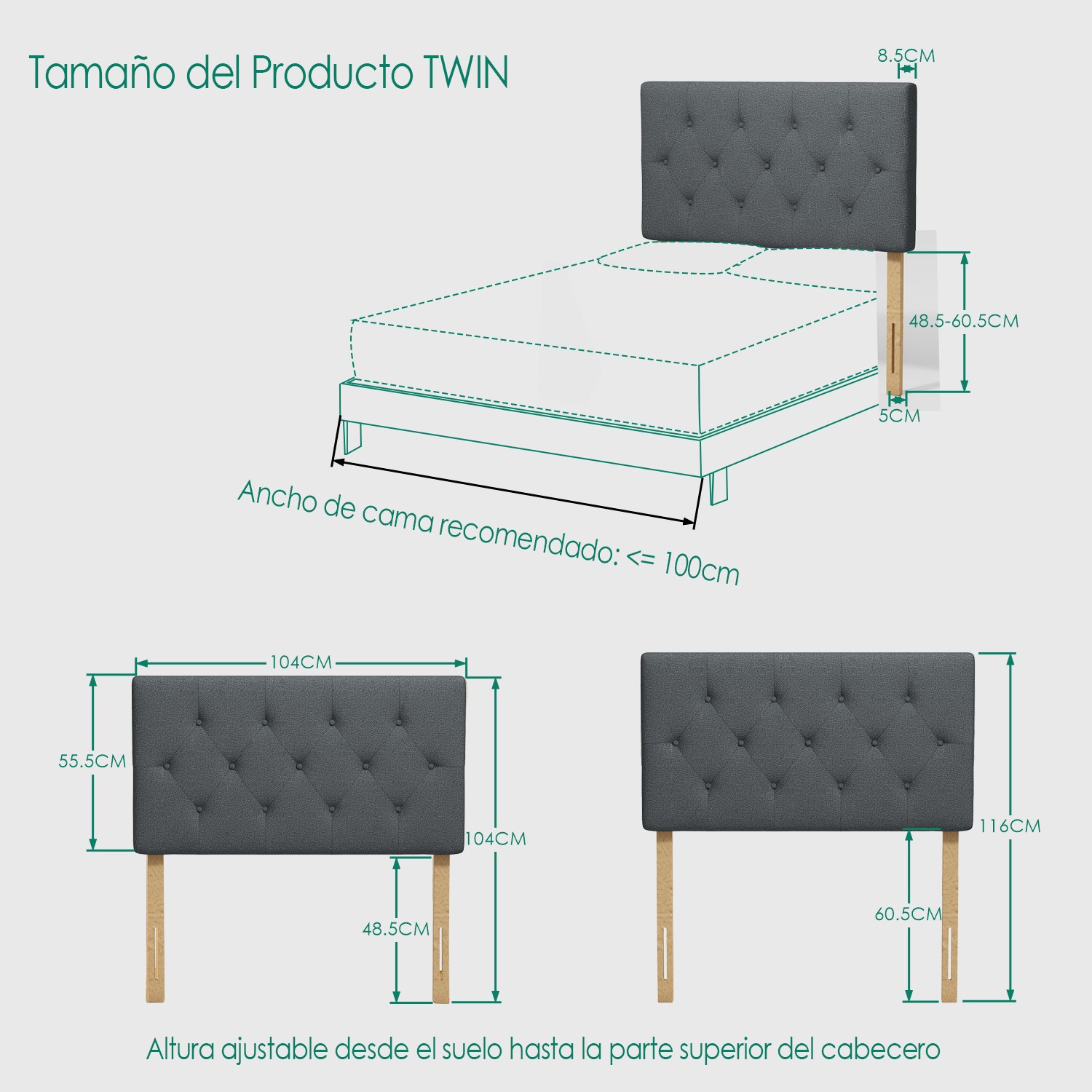 Foto 9 pulgar | Cabecera De Cama Individual Tapizada Con Altura Ajustable Patas De Madera Acolchada Yatahome Hydemu 105x7.5x55cm Gris
