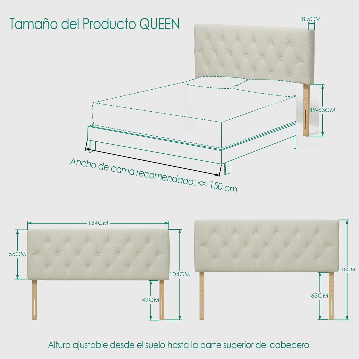Foto 8 | Cabecera De Cama Queen Tapizada Con Altura Ajustable Patas De Madera Acolchada Yatahome Hydemu 156.5x8x55.5cm Beige
