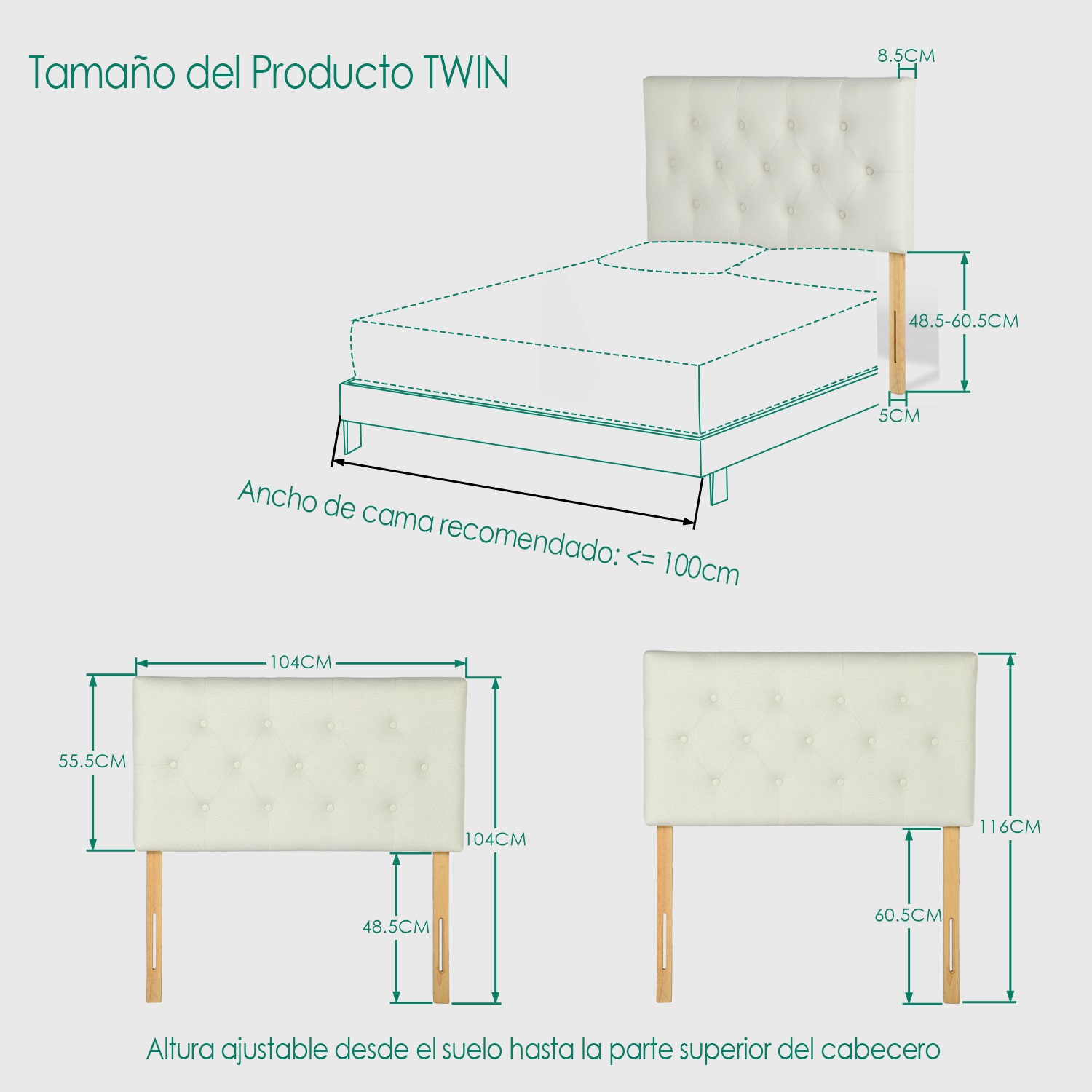 Foto 9 pulgar | Cabecera De Cama Individual Tapizada Con Altura Ajustable Patas De Madera Acolchada Yatahome Hydemu 105x7.5x55cm Beige
